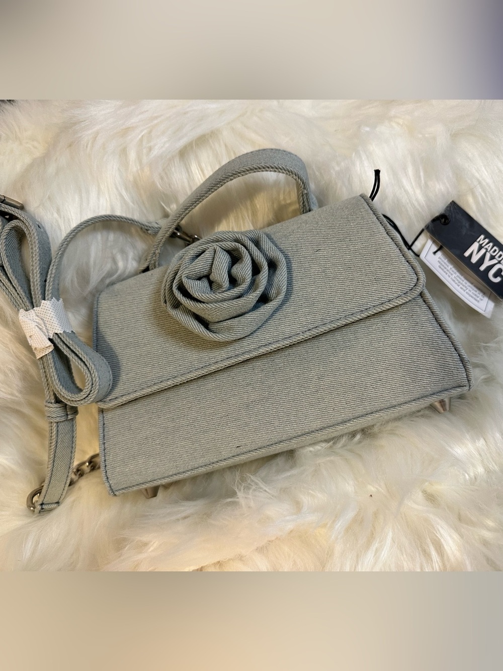 Steve Madden Light Wash Denim Rosette Accent Shoulder Bag